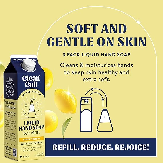 Cleancult - Liquid Hand Soap Refills - Lemon Verbena - Made with Aloe Vera & Essential Oil - Nourishes & Moisturizes Dry & Sensitive Skin - Eco Friendly - Paper-Based Packaging - 32 oz/6 Pack