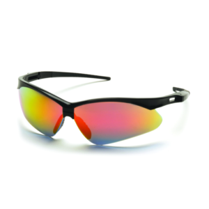 RITZ RAZOR SAFETY GLASSES, ICE ORANGE MIRROR LENS WITH BLACK FRAME AND CORD
