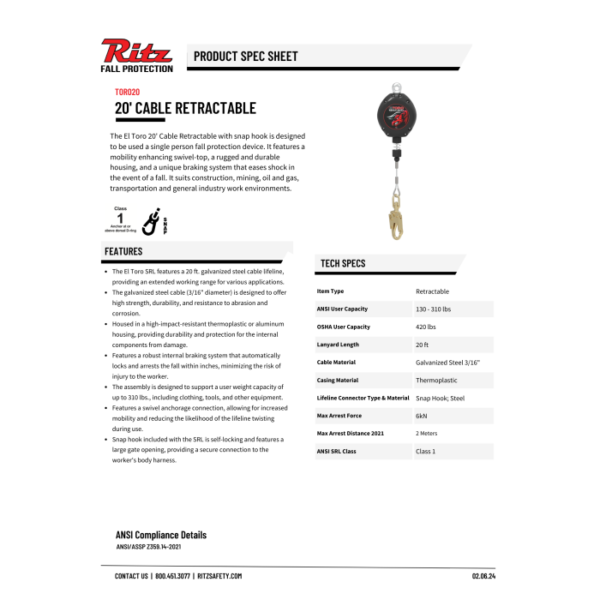 20' CABLE RETRACTABLE